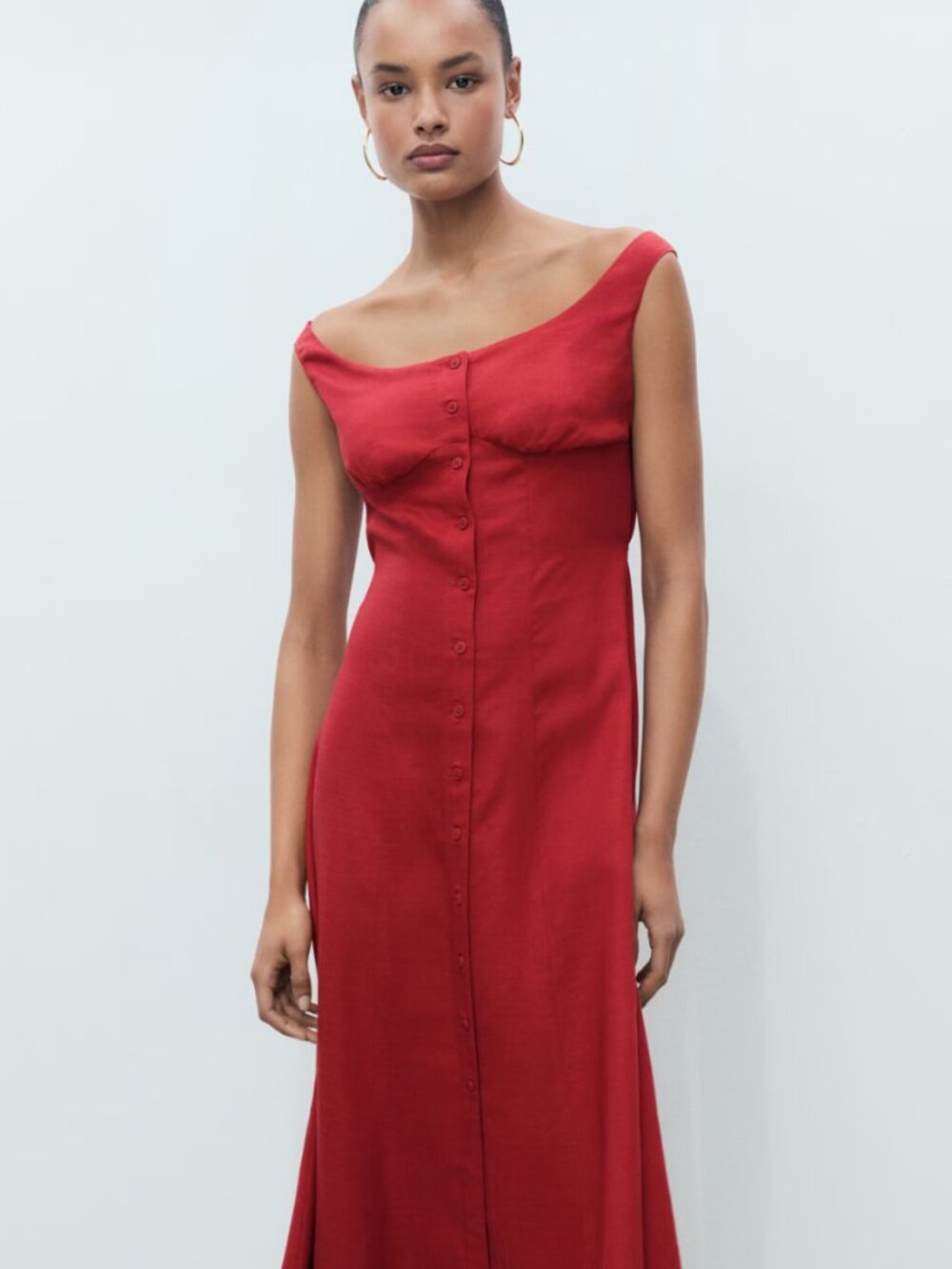 Mango Red Linen Blend Off the Shoulder Dress NWT